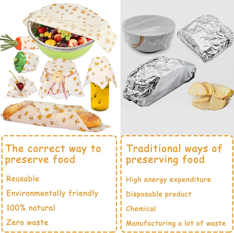 BEYAOBN 8PCS Involucri di Cera d'api,Beeswax Wraps, sostenibile, zero rifiuti, Impacchi di Cotone Biologico e stoccaggio Alimenti Variety Pack Formaggi, Frutta, Verdure