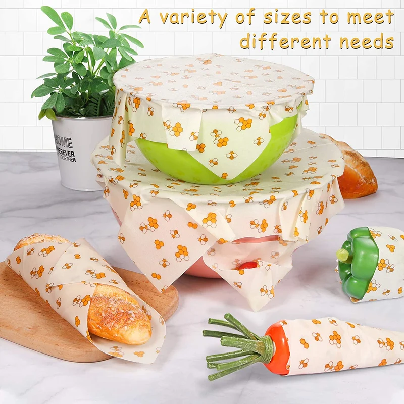 BEYAOBN 8PCS Involucri di Cera d'api,Beeswax Wraps, sostenibile, zero rifiuti, Impacchi di Cotone Biologico e stoccaggio Alimenti Variety Pack Formaggi, Frutta, Verdure