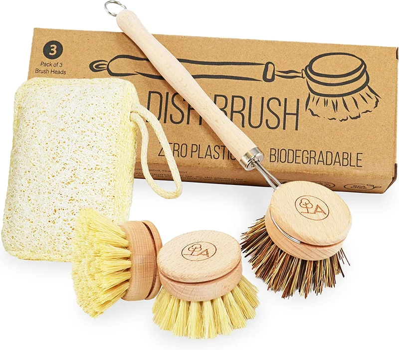 Spazzola Piatti Eco-friendly - Spazzola per Piatti e Set di Spugne - Con 3 Testine Intercambiabili e Spugna per la Puliza della Casa, Spazzola Lavapiatti, Agile Home & Garden