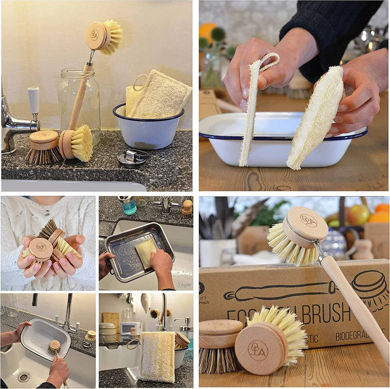 Spazzola Piatti Eco-friendly - Spazzola per Piatti e Set di Spugne - Con 3 Testine Intercambiabili e Spugna per la Puliza della Casa, Spazzola Lavapiatti, Agile Home & Garden