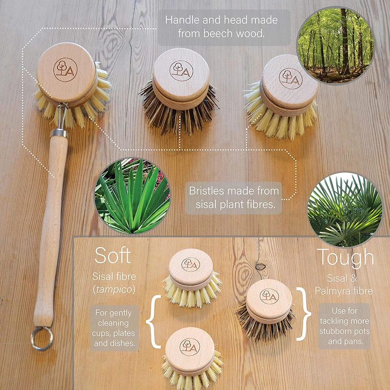 Spazzola Piatti Eco-friendly - Spazzola per Piatti e Set di Spugne - Con 3 Testine Intercambiabili e Spugna per la Puliza della Casa, Spazzola Lavapiatti, Agile Home & Garden
