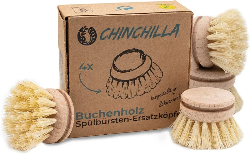 Chinchilla® Sink Brush in legno di faggio | spazzola da cucina sostenibile con setole in fibra naturale | incl. tre teste intercambiabili | senza plastica e resistente