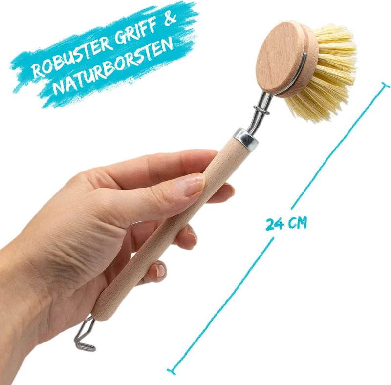 Chinchilla® Sink Brush in legno di faggio | spazzola da cucina sostenibile con setole in fibra naturale | incl. tre teste intercambiabili | senza plastica e resistente