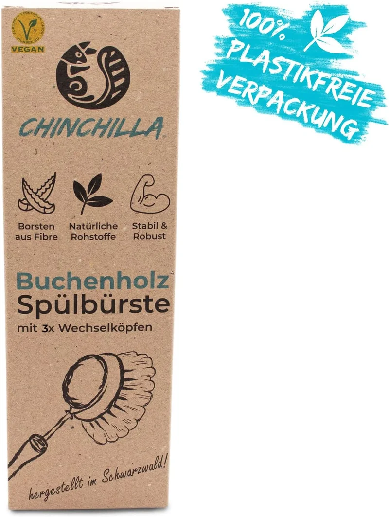 Chinchilla® Sink Brush in legno di faggio | spazzola da cucina sostenibile con setole in fibra naturale | incl. tre teste intercambiabili | senza plastica e resistente