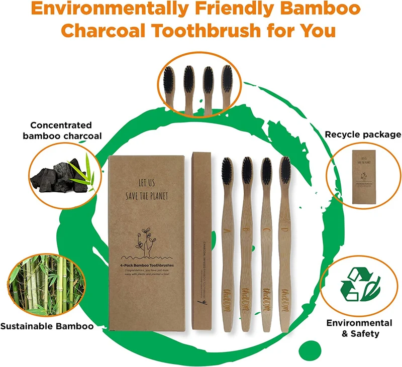 TheBDM Spazzolini da denti in bamboo naturale ecologico biodegradabile antimuffa - setole in carbone vegetale, senza BPA, vegan, confezione sostenibile (Setole Medie)