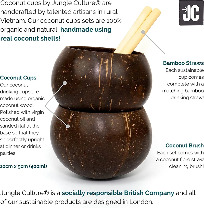 Jungle Culture® Ciotole in Vero Guscio di Cocco per Cocktail • Coppe di Cocco e Cannucce di Bambù • Coppe in Legno Naturale • Ciotole a Zero Rifiuti • Ciotole per Feste • Idee Regalo Sostenibili