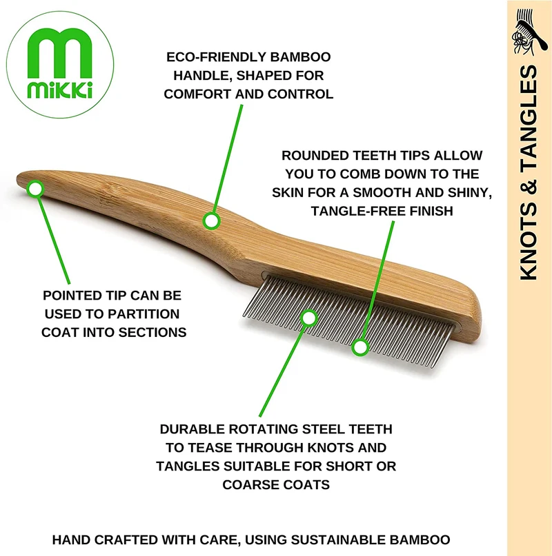 Mikki Pettine Anti-Grovigli Fine in bambù, per Pelo Liscio Corto E Medio, per Cani E Gatti, Realizzato con bambù Sostenibile, per Rimuovere Grovigli E Nodi dal Pelo - 50 g