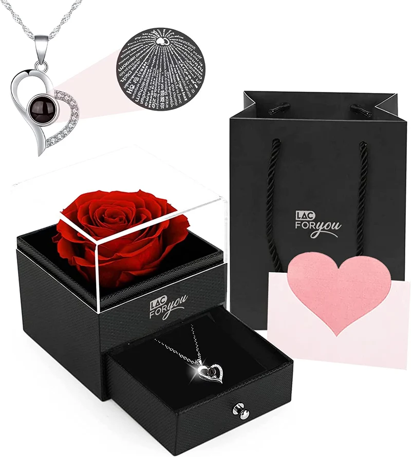 LAC Rosa Stabilizzata Vera con Collana | Rose Stabilizzate Idee Regalo Mamma Idee Regalo Donna Compleanno | Rosa Eterna Vera Idea Regalo Donna Originale | Rosa Perenne Regali Per Lei Fidanzata