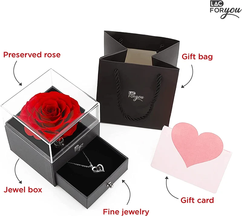 LAC Rosa Stabilizzata Vera con Collana | Rose Stabilizzate Idee Regalo Mamma Idee Regalo Donna Compleanno | Rosa Eterna Vera Idea Regalo Donna Originale | Rosa Perenne Regali Per Lei Fidanzata