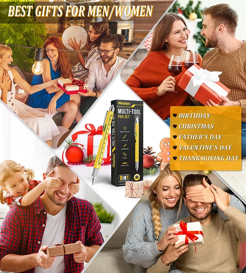 Maqhpu Regalo Uomo, Regali Natale Uomo, Penna Regalo Multifunzione 9 in 1, Regali Natale Originali, Gadget Utili Idee Regalo Natale Uomo, Regali di Natale per Lui/Papà, Regalo Uomo Compleanno
