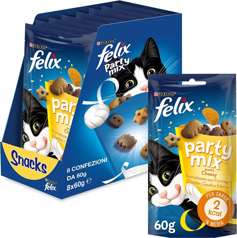 Purina Felix Party Mix Snack Gatto Ocean Mix con Salmone, Merluzzo e Trota, 8 Confezioni da 60 g