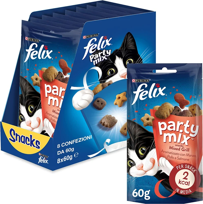Purina Felix Party Mix Snack Gatto Ocean Mix con Salmone, Merluzzo e Trota, 8 Confezioni da 60 g