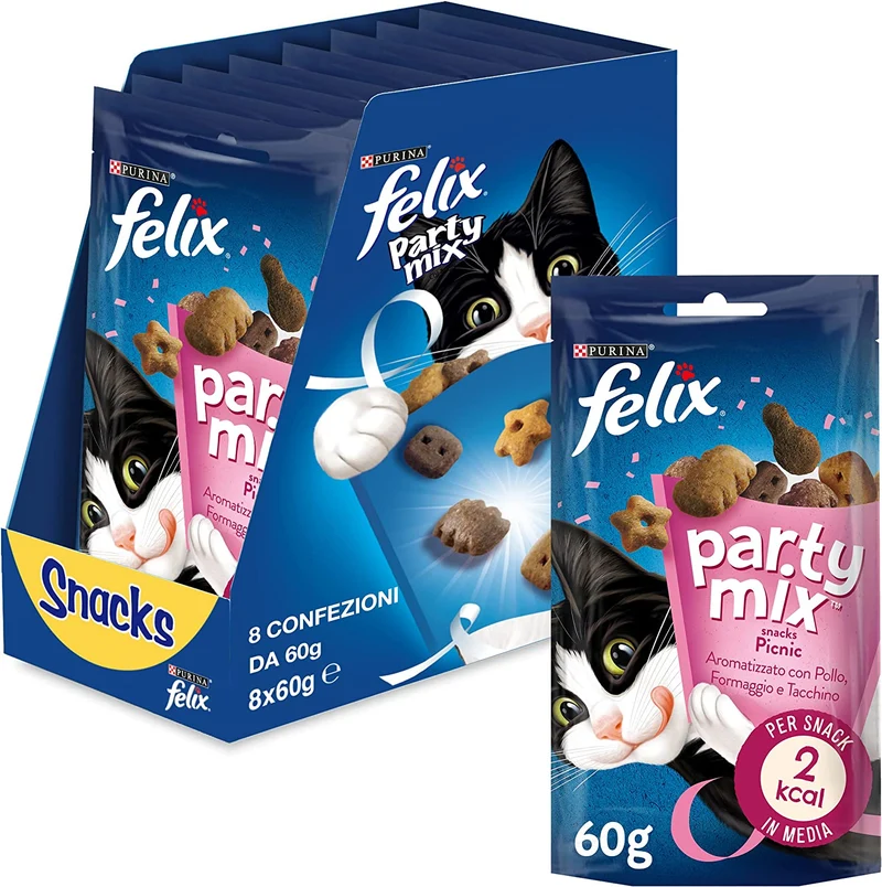 Purina Felix Party Mix Snack Gatto Ocean Mix con Salmone, Merluzzo e Trota, 8 Confezioni da 60 g