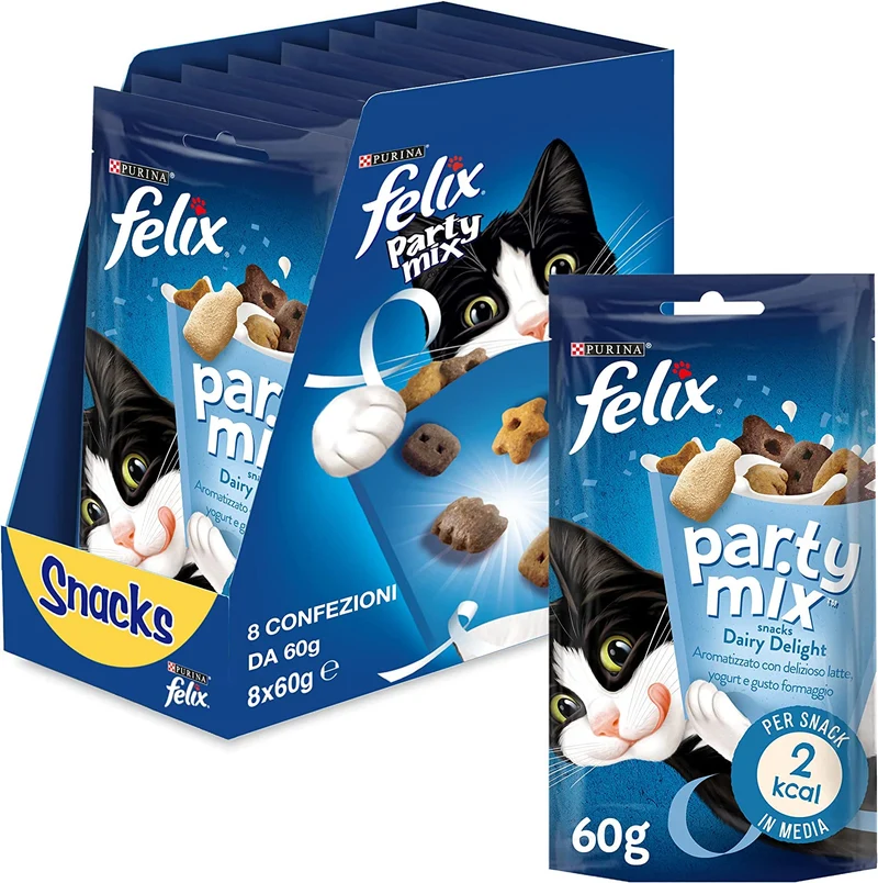 Purina Felix Party Mix Snack Gatto Ocean Mix con Salmone, Merluzzo e Trota, 8 Confezioni da 60 g
