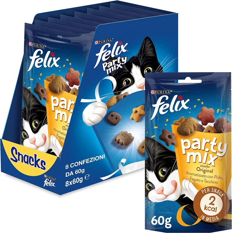 Purina Felix Party Mix Snack Gatto Ocean Mix con Salmone, Merluzzo e Trota, 8 Confezioni da 60 g