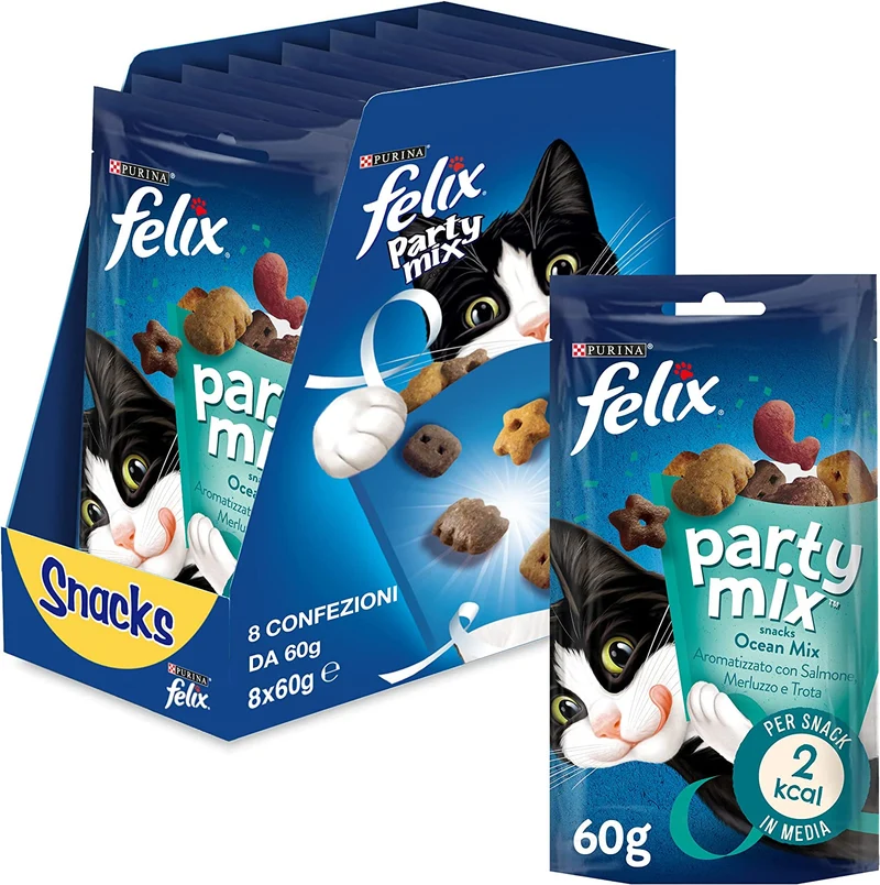 Purina Felix Party Mix Snack Gatto Ocean Mix con Salmone, Merluzzo e Trota, 8 Confezioni da 60 g