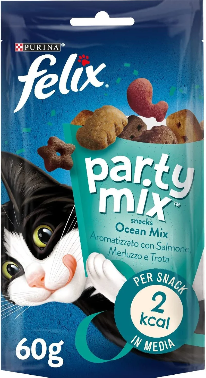 Purina Felix Party Mix Snack Gatto Ocean Mix con Salmone, Merluzzo e Trota, 8 Confezioni da 60 g