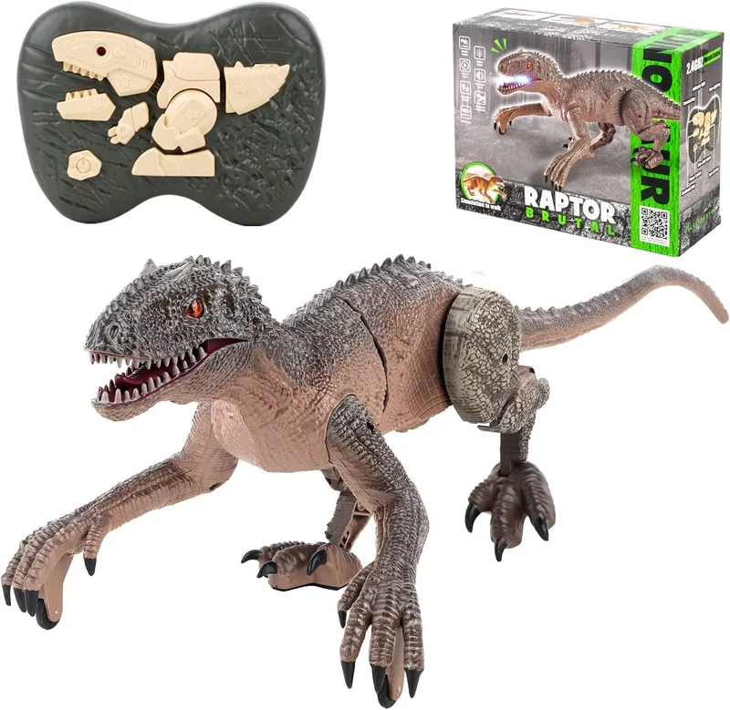 Kizmyee Giocattolo di dinosauro, telecomando di dinosauro per bambini Velociraptor realistico con camminare, ruggire, illuminare gli occhi e scuotere la testa Buon regalo per i più piccoli Ragazzi