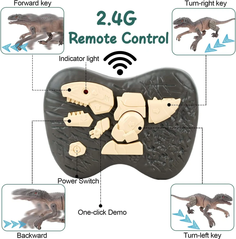 Kizmyee Giocattolo di dinosauro, telecomando di dinosauro per bambini Velociraptor realistico con camminare, ruggire, illuminare gli occhi e scuotere la testa Buon regalo per i più piccoli Ragazzi