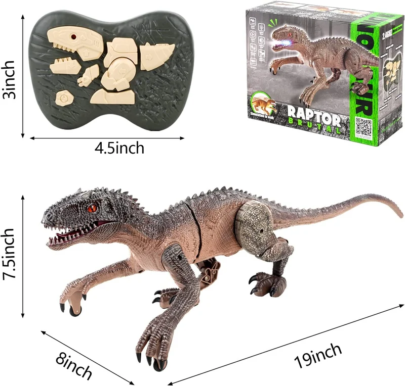 Kizmyee Giocattolo di dinosauro, telecomando di dinosauro per bambini Velociraptor realistico con camminare, ruggire, illuminare gli occhi e scuotere la testa Buon regalo per i più piccoli Ragazzi