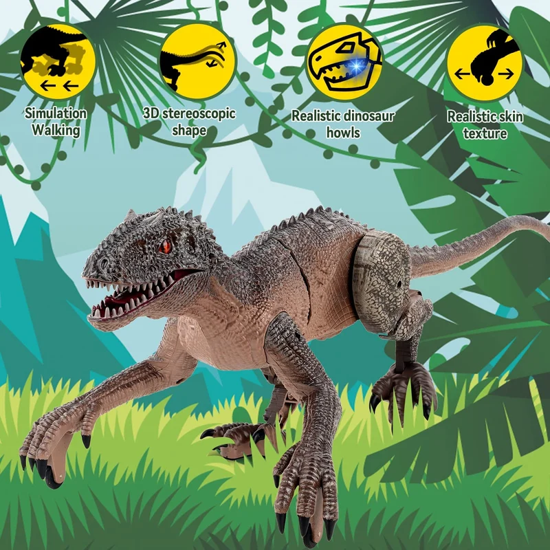 Kizmyee Giocattolo di dinosauro, telecomando di dinosauro per bambini Velociraptor realistico con camminare, ruggire, illuminare gli occhi e scuotere la testa Buon regalo per i più piccoli Ragazzi