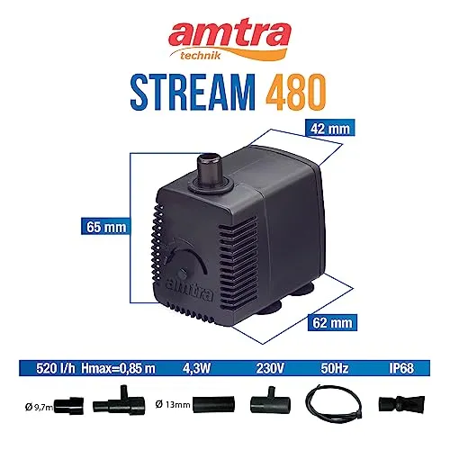 Amtra Stream 480 - Pompa per acquario ad immersione, silenziosa, portata d'acqua regolabile, 480 lt/h - 4,3W - 230v, Piccola Pompa Aspira Acqua per Fontanella Gatti, Presepe, idroponica