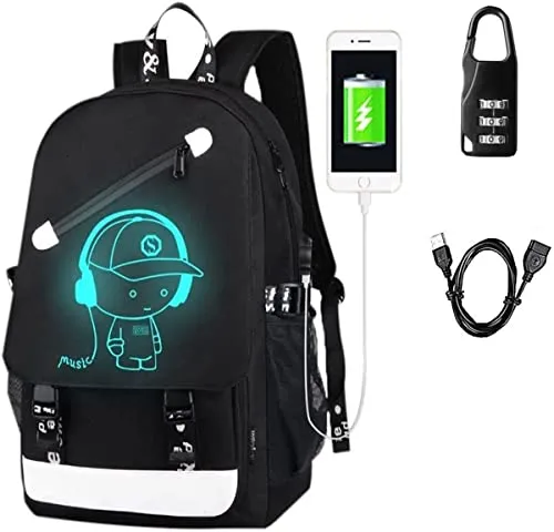 Hjkiopc Zaino per la scuola,con porta di ricarica USB,con serratura,luminoso,per computer portatile,borsa a tracolla in tela per ragazze,ragazzi,adolescenti, zaino all'aperto(Nero)