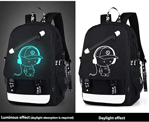 Hjkiopc Zaino per la scuola,con porta di ricarica USB,con serratura,luminoso,per computer portatile,borsa a tracolla in tela per ragazze,ragazzi,adolescenti, zaino all'aperto(Nero)