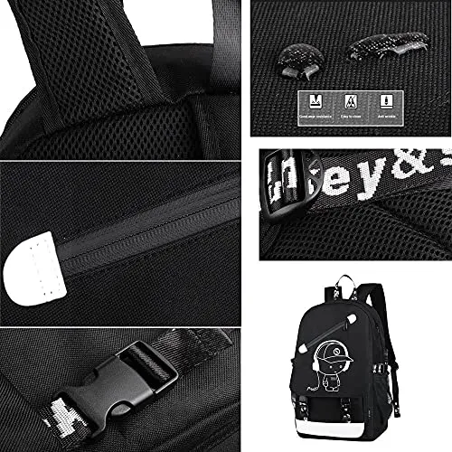 Hjkiopc Zaino per la scuola,con porta di ricarica USB,con serratura,luminoso,per computer portatile,borsa a tracolla in tela per ragazze,ragazzi,adolescenti, zaino all'aperto(Nero)