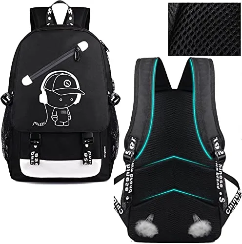 Hjkiopc Zaino per la scuola,con porta di ricarica USB,con serratura,luminoso,per computer portatile,borsa a tracolla in tela per ragazze,ragazzi,adolescenti, zaino all'aperto(Nero)