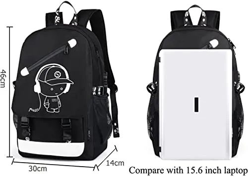 Hjkiopc Zaino per la scuola,con porta di ricarica USB,con serratura,luminoso,per computer portatile,borsa a tracolla in tela per ragazze,ragazzi,adolescenti, zaino all'aperto(Nero)