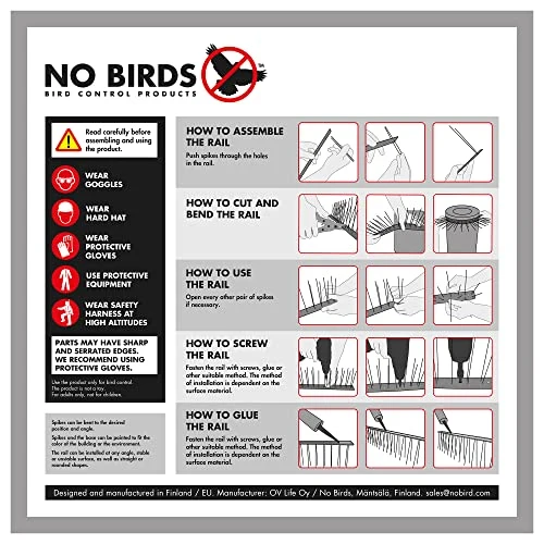 NO Birds | Dissuasori per Piccioni | Barriera Anti Uccelli per Balcone Terrazza Finestra | Spuntoni Extra Lunge | Acciaio Inossidabile e Alluminio | 4 pezzi | Lunghezza Totale 1,09 Metri