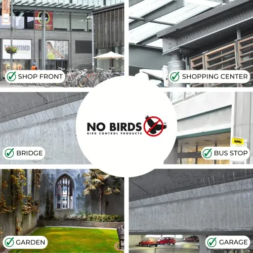 NO Birds | Dissuasori per Piccioni | Barriera Anti Uccelli per Balcone Terrazza Finestra | Spuntoni Extra Lunge | Acciaio Inossidabile e Alluminio | 4 pezzi | Lunghezza Totale 1,09 Metri