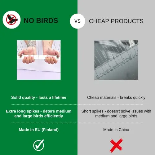 NO Birds | Dissuasori per Piccioni | Barriera Anti Uccelli per Balcone Terrazza Finestra | Spuntoni Extra Lunge | Acciaio Inossidabile e Alluminio | 4 pezzi | Lunghezza Totale 1,09 Metri
