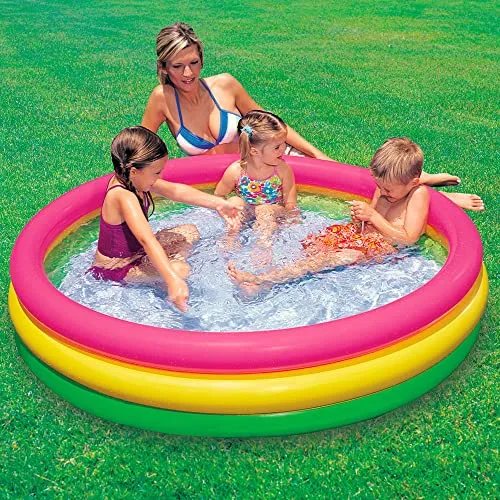 Intex-156162 Piscina 3 Anelli, Colore Verde/Giallo/Fucsia, 114 x 25 cm, 57412