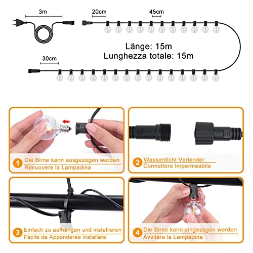 DSLebeen Catena Luminosa Esterno 15M/50FT Luci da Esterno Giardino 27+3 G40 LED Lampadine di Ricambio Catena Luminosa Decorazione per Casa Caffè Giardino Festa Matrimonio Terrazzo Partito