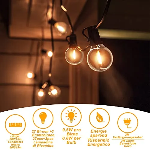 DSLebeen Catena Luminosa Esterno 15M/50FT Luci da Esterno Giardino 27+3 G40 LED Lampadine di Ricambio Catena Luminosa Decorazione per Casa Caffè Giardino Festa Matrimonio Terrazzo Partito