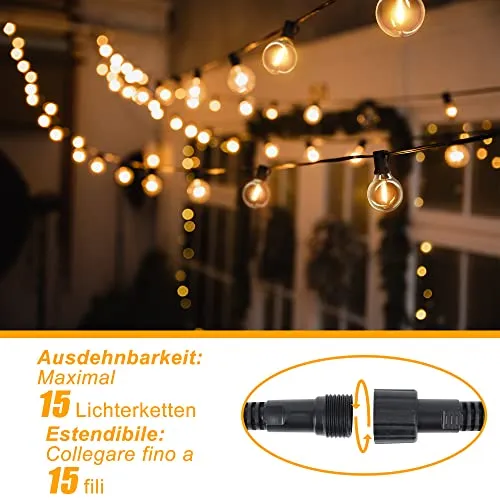 DSLebeen Catena Luminosa Esterno 15M/50FT Luci da Esterno Giardino 27+3 G40 LED Lampadine di Ricambio Catena Luminosa Decorazione per Casa Caffè Giardino Festa Matrimonio Terrazzo Partito