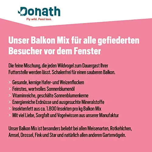 Donath Mix per balconi - miscela senza gusci per un balcone pulito - pregiato cibo per uccelli selvatici adatta tutto l’anno - dalla nostra manifattura nel sud della Germania