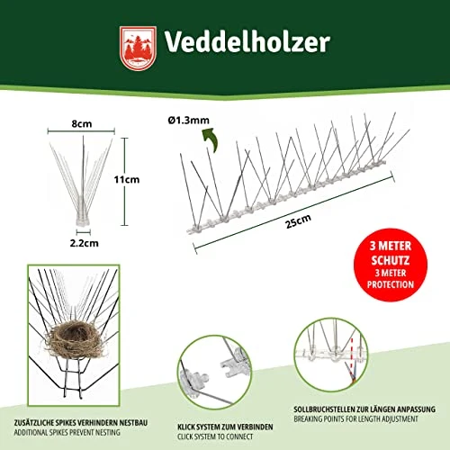 Veddelholzer Premium Universale 3 Metri in Acciaio Inox dissuasori per piccioni per balconi con Punto di Rottura predeterminato e Sistema a Scatto dissuasore Anti piccioni per finestre i grondaie