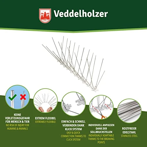 Veddelholzer Premium Universale 3 Metri in Acciaio Inox dissuasori per piccioni per balconi con Punto di Rottura predeterminato e Sistema a Scatto dissuasore Anti piccioni per finestre i grondaie