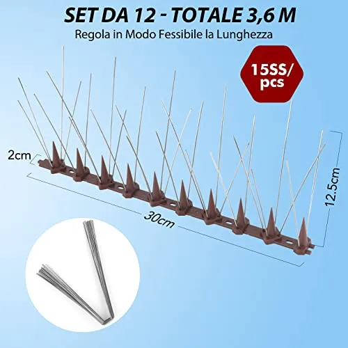 Dissuasori per Piccioni Inox, 3.6 Metri Spuntoni anti Uccelli, Anti Piccioni Balcone Repellente Piccioni per Spaventare Piccioni, Corvi, Passeri, Gatti, Protezione del Giardino - Marrone