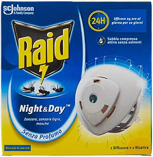Raid Night & Day Base con Ricarica, Antizanzare e Antimosche con Sabbia Compressa, Confezione da 1 Diffusore e 1 Ricarica, Senza Profumo