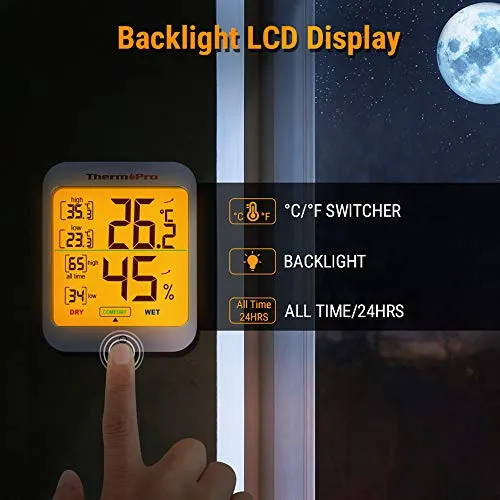 ThermoPro TP53 Termometro Igrometro Interno Misuratore di Umidità e Temperatura Ambiente Digitale Termoigrometro Professionale per Casa con Tocca Retroilluminazione