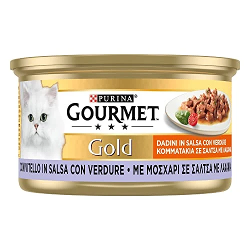 Purina Gourmet Gold Dadini in Salsa Cibo Umido per Gatto con Vitello in Salsa con Verdure, 24 Lattine da 85g