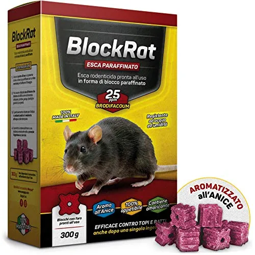 Veleno per Topi e Ratti, Esca Topicida Ratticida Professionale Potente, Novità Aroma all'Anice, Uso Esterno Interno Casa, Disinfestazione Rimedi Eliminare Roditori Azione Forte BlockRat - 300 g
