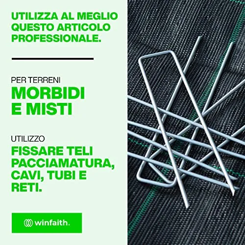 Winfaith 100 Picchetti Telo Pacciamatura Made in Italy in Acciaio EN 10204 3.1 Zincato a Caldo - Antiruggine Giardino Erba Sintetica Ancoraggio - Misure mm H150 x L30 x D3