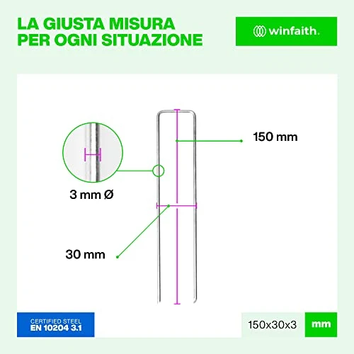 Winfaith 100 Picchetti Telo Pacciamatura Made in Italy in Acciaio EN 10204 3.1 Zincato a Caldo - Antiruggine Giardino Erba Sintetica Ancoraggio - Misure mm H150 x L30 x D3