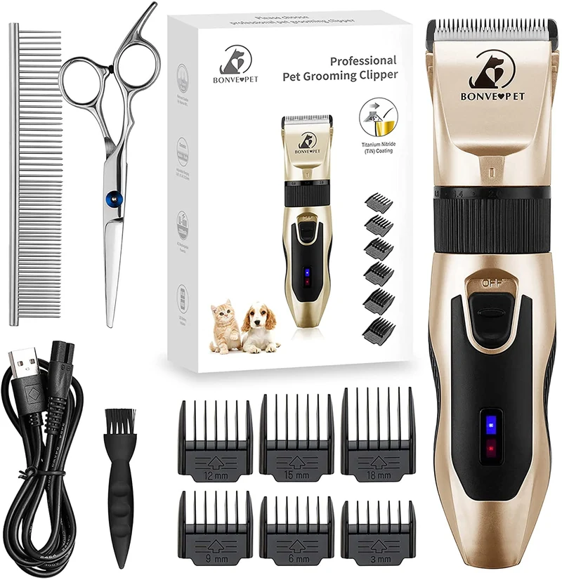 Tosatrice Professionale per Cani Gatti, Bonve Pet Tosatore Clipper Ricaricabile per Cani Gatti Animali, Rumore inferiore a 50 db, Batterie Ricaricabili, 5 distanze di taglio con 11 Accessori