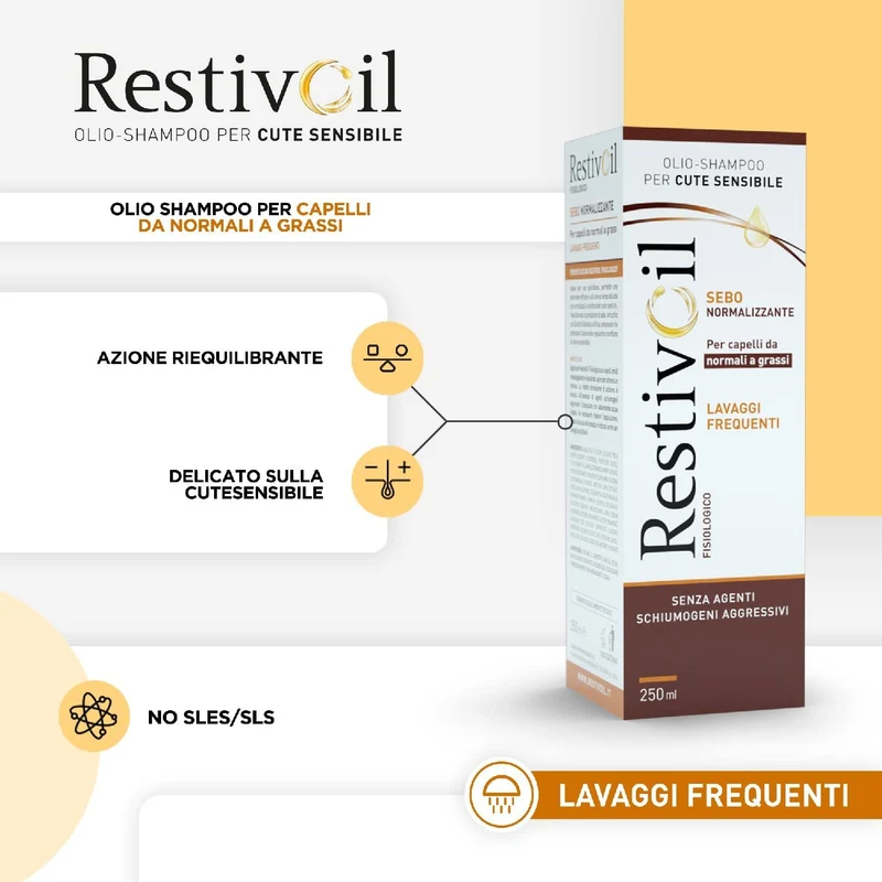 Restivoil Fisiologico Sebonormalizzante Olio-Shampoo per Cute Sensibile e per Capelli Normali e Grassi, Senza Agenti Schiumogeni e Aggressivi - 250 ml